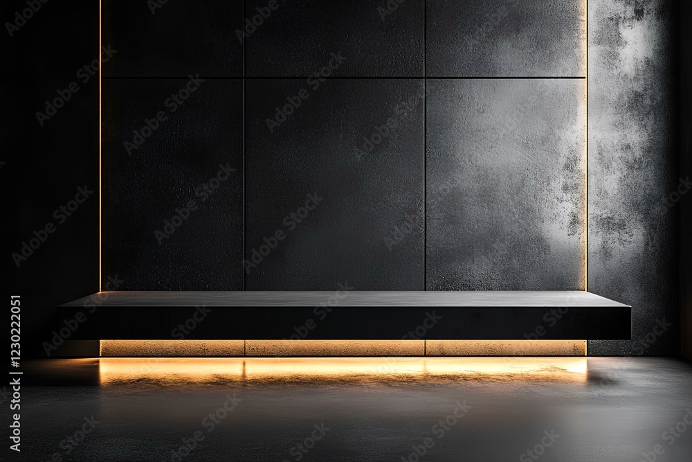 Poster thin floating metallic podium with sharp edges, matte black finish, illuminated dramatically in a da