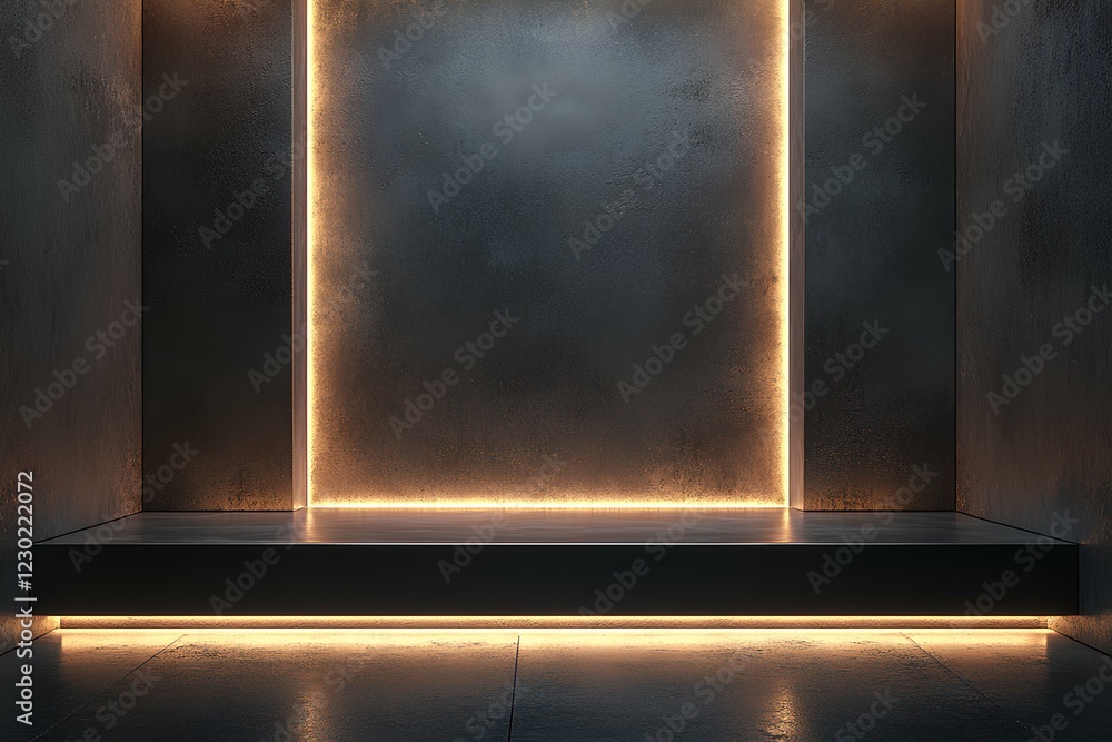 Poster thin floating metallic podium with sharp edges, matte black finish, illuminated dramatically in a da