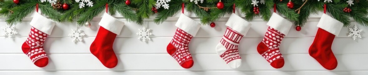 Cozy red and white striped Christmas stockings hung on shiplap wall with evergreen branches, decoration, snowflake