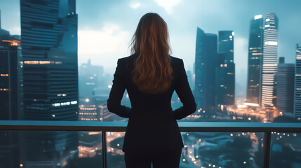 Businesswoman in formal suit standing confidently in a skyscraper office, city view, leadership concept