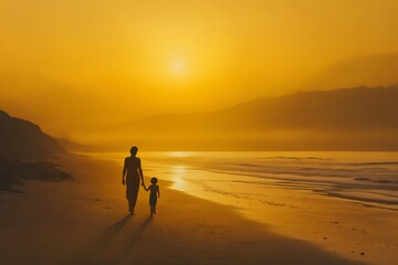 Naklejka premium Silhouetted figures of a mother and child walking hand in hand along a sandy beach, enjoying the warm hues of sunset and ocean waves