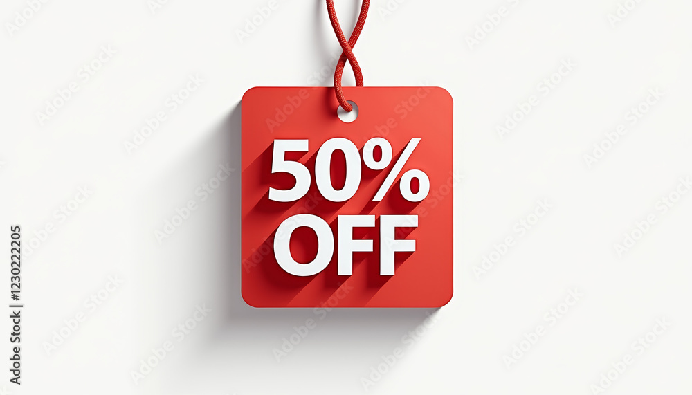 Poster minimalist flat red and white sign icon displaying 50% off with clean text on plain white background