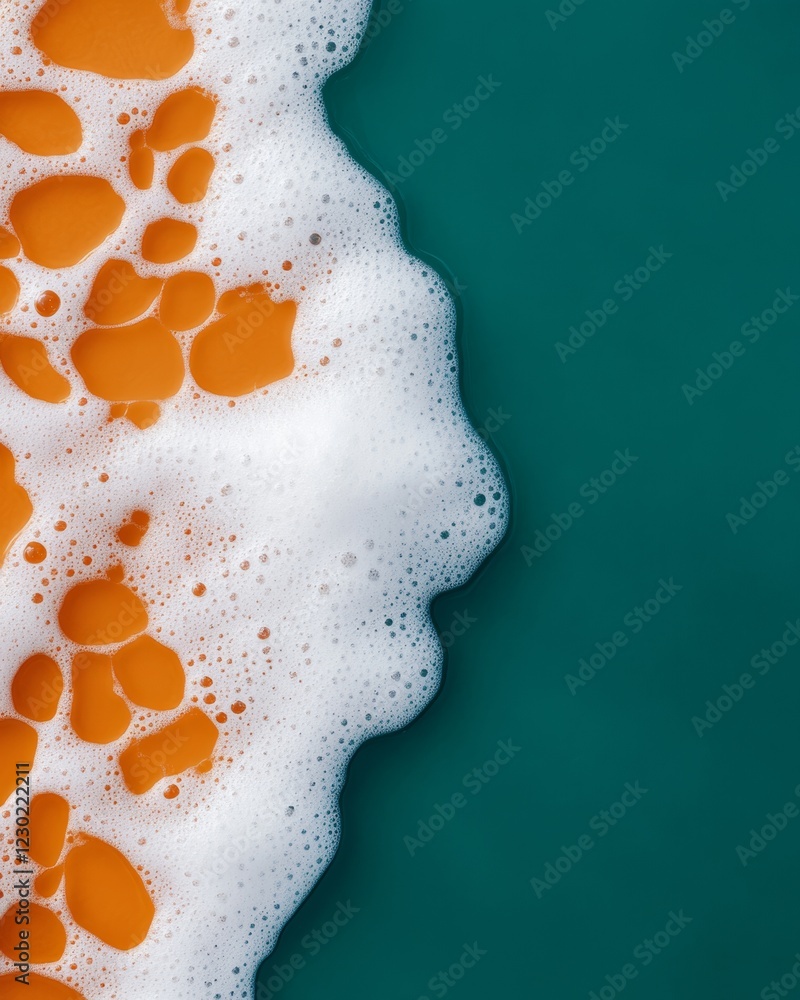 Poster Dynamic Foam Art Abstract Bubbly Patterns in Vibrant Orange on Deep Teal - Modern Marketing Visuals and Creative Branding for Artisanal Beverage Campaigns