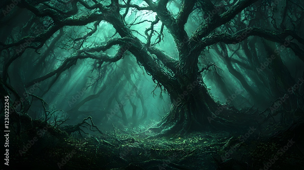 Aufkleber an enchanting mystical forest path shrouded in a veil of mist with moss covered branches and trunks 