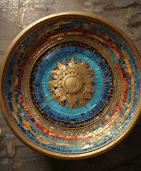 Naklejka premium Mosaic art on a cracked ceramic bowl with golden ointment, intricately patterned, unique piece