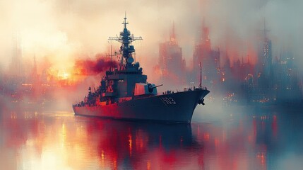 Dramatic naval vessel navigating through smoky waters with a fiery skyline in the background