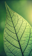 Obraz premium A close-up of a leaf reveals its intricate network of veins against a vibrant green background. The lighting highlights the delicate structure and natural patterns, emphasizing the beauty of nature.AI