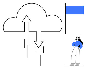 Cloud with upward and downward arrows, person thinking beside a blue flag. Ideal for technology, data transfer, cloud services, decision making, future planning, connectivity innovation. Abstract