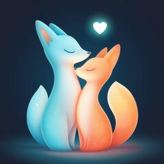 Adorable stylized foxes embracing under a heart-lit glow, perfect for romantic themes in design and illustration projects