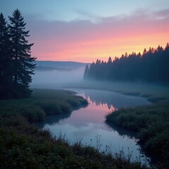 Fototapeta premium Fog-shrouded bank at dusk with distant forest, bank, fog, forest