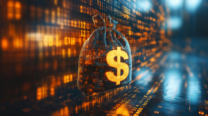 A digital money bag with a dollar sign sits in front of a bank amidst flowing binary code symbolizing the concept of a virtual wallet in a modern and minimalistic setting with bright tones and blurred