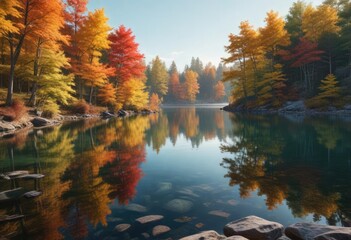 Obraz premium Muted colors of fall foliage surrounding a serene lake, serenity, reflection, trees