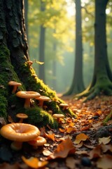Obraz premium forest floor carpeted with golden leaves and fungal growth, mushrooms, tree roots