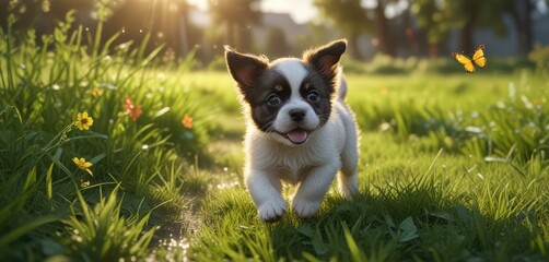 Puppy playing in the wet grass field, chasing after a butterfly, nature landscape, playful puppy, jumping
