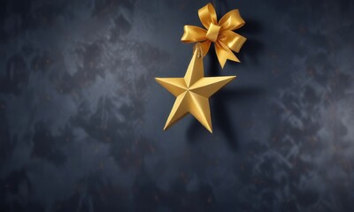 Fototapeta premium Navy blue wall with golden star and ribbon hanging, shimmering gold, shining star