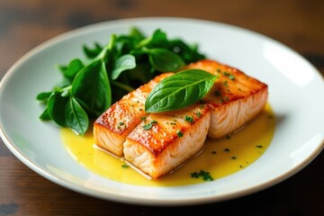 Freshly cooked salmon steak with steamed spinach and lemon sauce, steak, meal