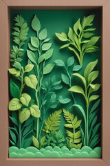 Obraz premium A 3D shadowbox scene with green plants from plasticine. Decorative art board for interior. Design object for spring advertising concepts 