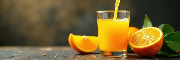 Freshly squeezed orange juice poured into a glass, liquid, beverage