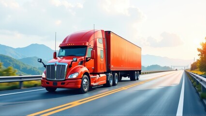 Red Semi Truck Driving on Scenic Highway at Sunset