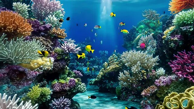 Colorful coral reef teeming with fish in sunlit ocean depths, ideal for nature documentaries