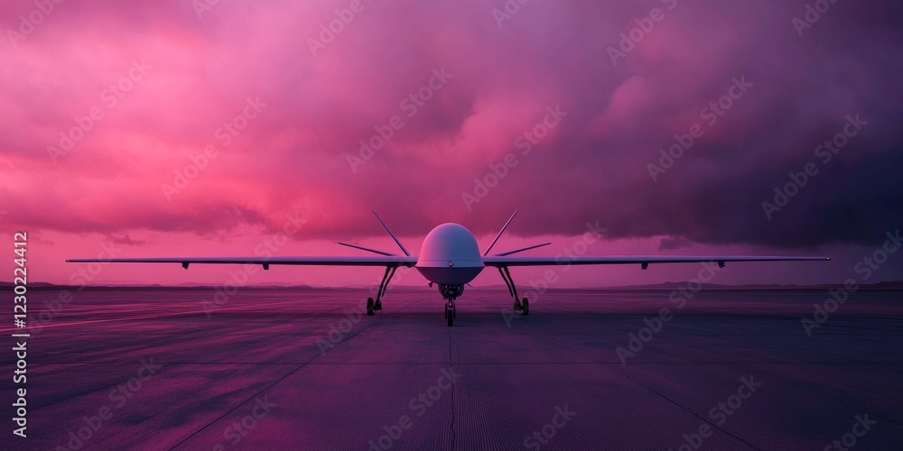 Leinwandbilder sleek military drone on modern airfield futuristic aerodynamic design with storm cloud backdrop - se