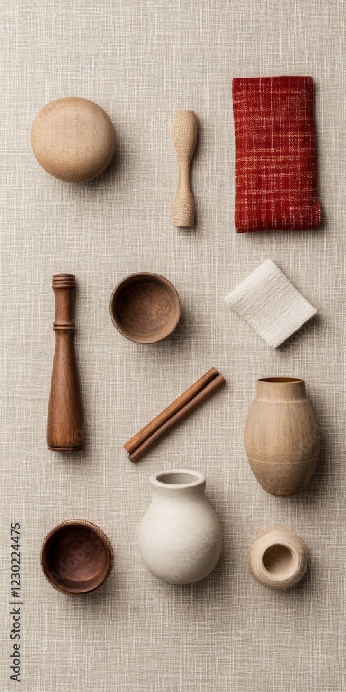 Poster cultural harmony display traditional wood instruments and textiles for global art decor - social med