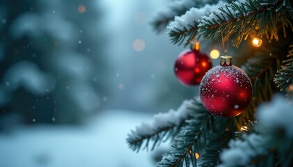 Frosty fir branches draped with sparkling red Christmas balls and twinkling festive holiday lights in a winter wonderland scene, twinkling, frosted