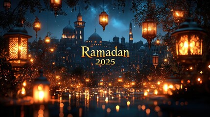 Ramadan Calligraphy with Lanterns and Mosque Silhouettes – 2025 Celebration in Night Cityscape
