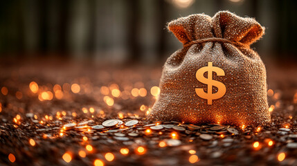 A digital money bag with a dollar sign sits in front of a bank amidst flowing binary code symbolizing the concept of a virtual wallet in a modern and minimalistic setting with bright tones and blurred