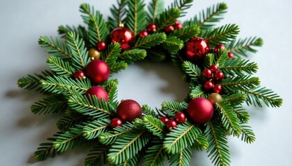 Red ornaments and berries add a pop of color to an elegant evergreen branch wreath, evergreen branches, winter decorations, evergreen wreath ideas