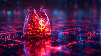 A digital money bag with a dollar sign sits in front of a bank amidst flowing binary code symbolizing the concept of a virtual wallet in a modern and minimalistic setting with bright tones and blurred