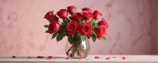 Red roses in a vase with soft pink background, romantic decor, passion, elegant arrangement