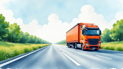 Fototapeta premium Orange Truck Driving on a Scenic Highway