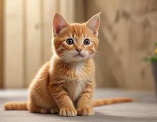Orange tabby kitten sits in a simple and clean environment, cat, pet