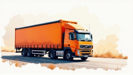 Orange Semi-Truck Driving on Open Road, Sunny Day