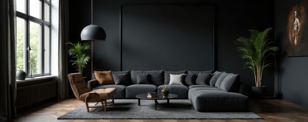 Black feature wall, low light, dark furnishings, gothic, low light