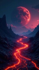 Lava flows through a vast, empty space illuminated by the fading light, dark, desolate, blazing