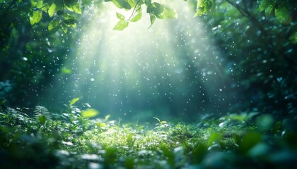 Obraz premium Magical forest scene with sunlit leaves and falling water droplets.