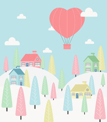 Minimalistic Valentine's Day card. Village with houses and flying hot air balloon. Vector flat illustration