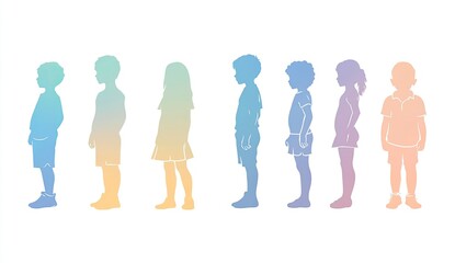 Silhouettes of children's bodies in different growth stages, on a white background. Vector illustration, with a flat design, simple shapes, and a minimalistic style. 