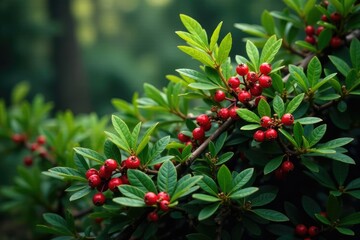 Obraz premium Low growing evergreen shrub with bright red berries, foliage, forest