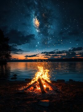 Lakeside campfire under Milky Way at night