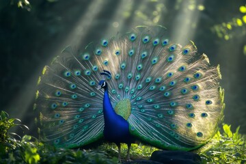 Obraz premium Indian peacock showing its beautiful feathers in a jungle with sunbeams filtering through the trees
