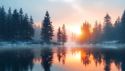 Fototapeta premium Serene winter sunrise over a tranquil lake, reflecting the fiery colors of the dawn sky among snow-covered pine trees.