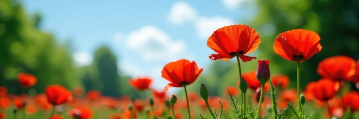 Obraz premium Lush red poppy blooms against a backdrop of green trees and blue sky, garden, poppy, sky