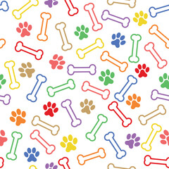 Colorful Dog Bones and Footprint Pattern - Messy Bones and Paws on White Background. Seamless Link.