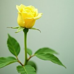Obraz premium Macro shot of a single yellow rose stem with delicate leaves, greenery, plantlife