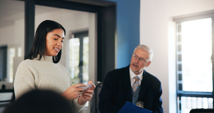 Girl, student and presentation with notes for learning, moderation or education at university. Female person, learner or assessment with professor, lecturer or cue cards for oral speech at college