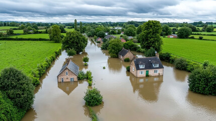 Aerial view of flooded countryside with submerged houses and greenery