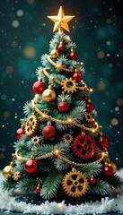 Fototapeta premium Christmas tree with intricate gear decorations wrapped around the trunk, festive, christmas, snowflakes
